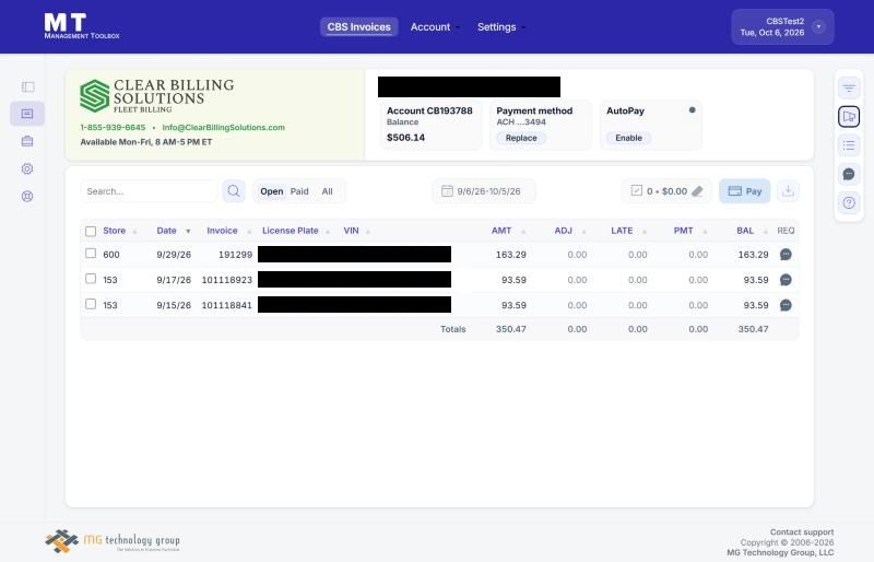 The CBS Invoices page, showing open invoices for the last 30 days