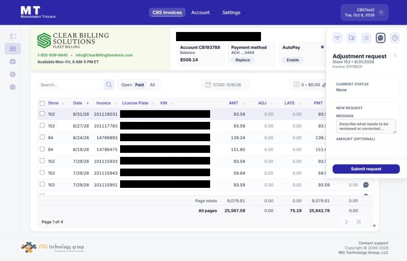 The Adjustment request panel