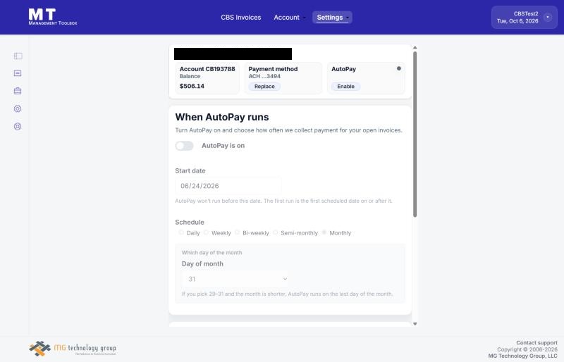 AutoPay settings - when it runs (AutoPay is off in this example)