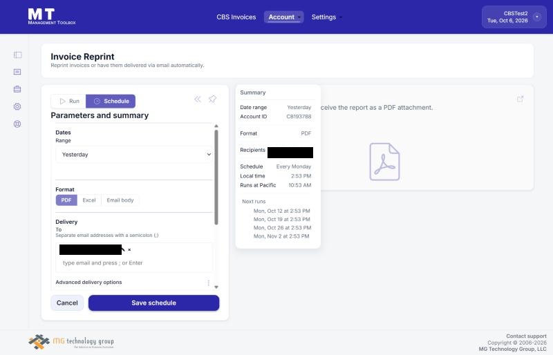 Invoice Reprint - the Schedule tab and its summary