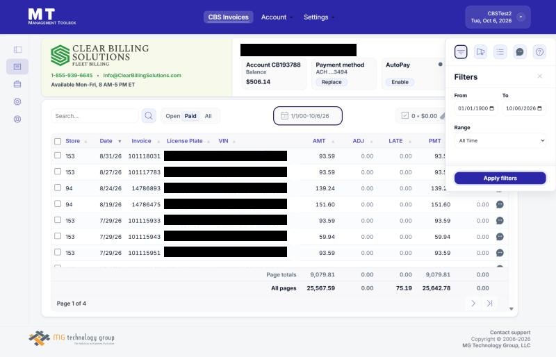 Paid invoices for All Time. Page totals, all-pages totals and page numbers appear below the grid