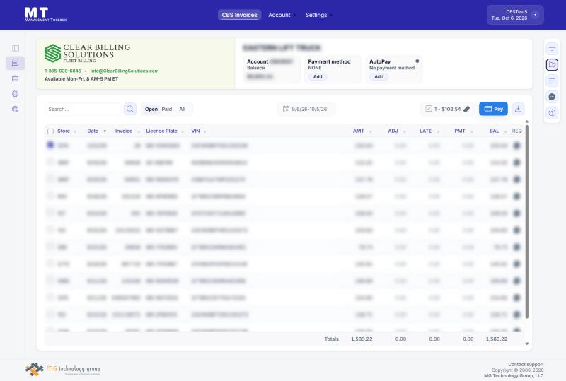 One invoice selected - the counter shows the count and the total, and Pay is ready