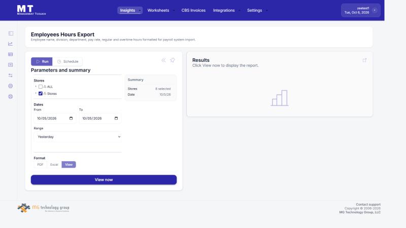 A report page: parameters on the left, results on the right