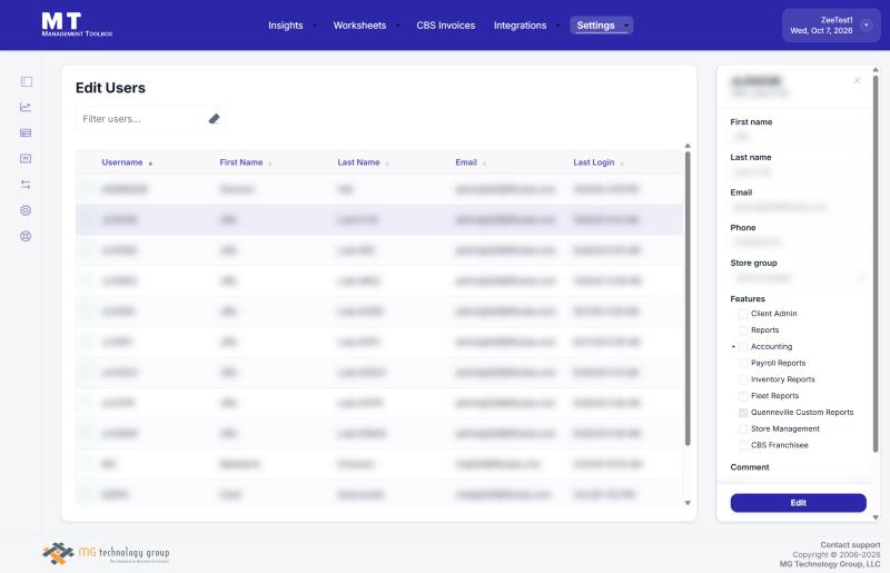 A user's details panel (personal details are hidden in this example)