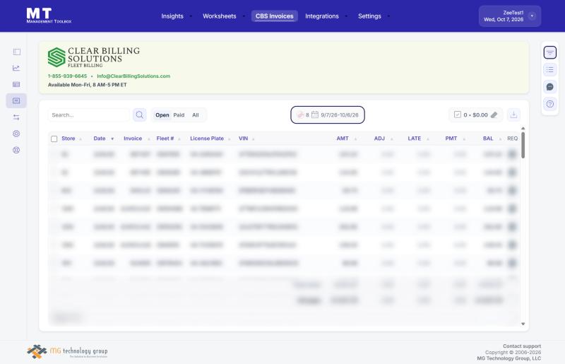 CBS Invoices (franchisee view). Invoice details are hidden in this example