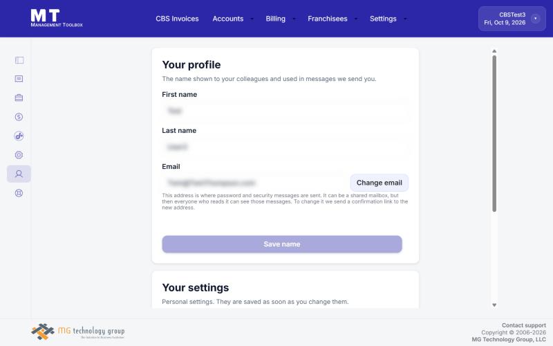 The Your profile box on the Preferences page, with Change email (details are hidden in this example)