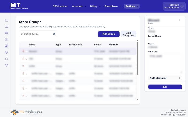 Store Groups: the list and the details of the selected group (names are hidden in this example)