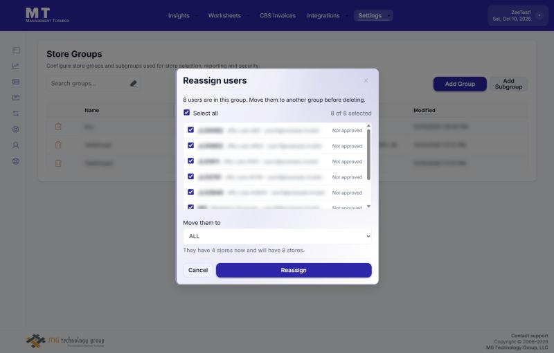 Reassign users: every user is ticked and the destination is chosen under Move them to (names are hidden in this example)