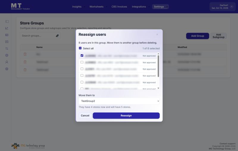 Reassign users with one user ticked and another group chosen as the destination