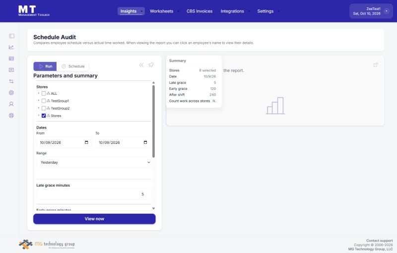 The Schedule Audit page: stores, dates, range and the Late grace minutes box