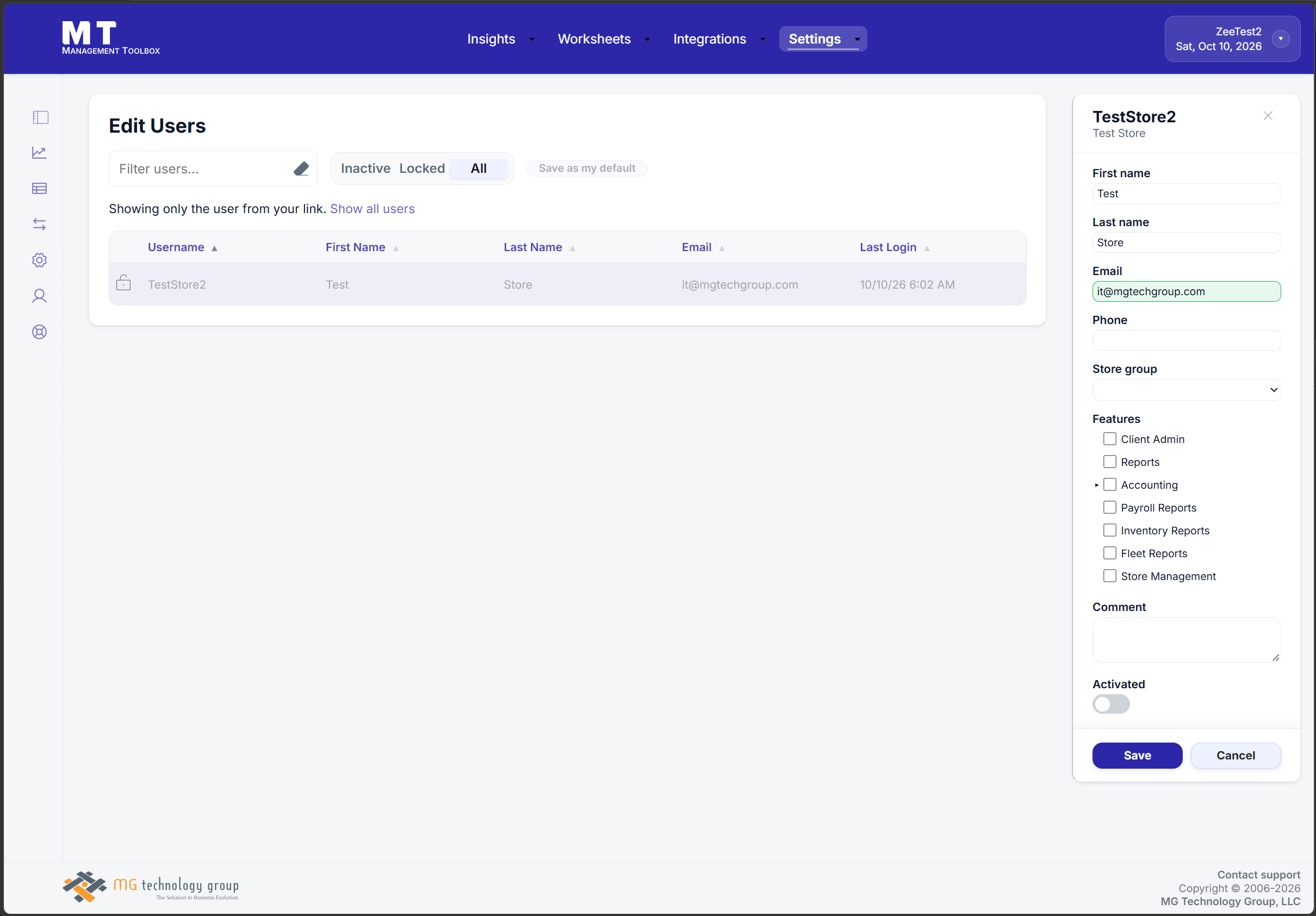Edit Users opened from the link, showing only that user with the details open for editing