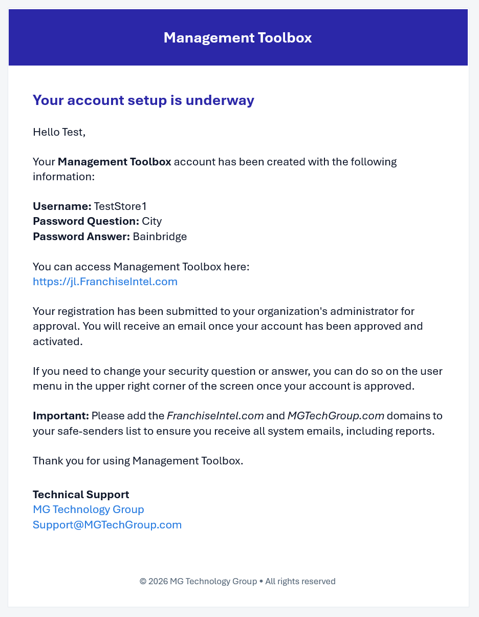 The confirmation email the new user receives after registering