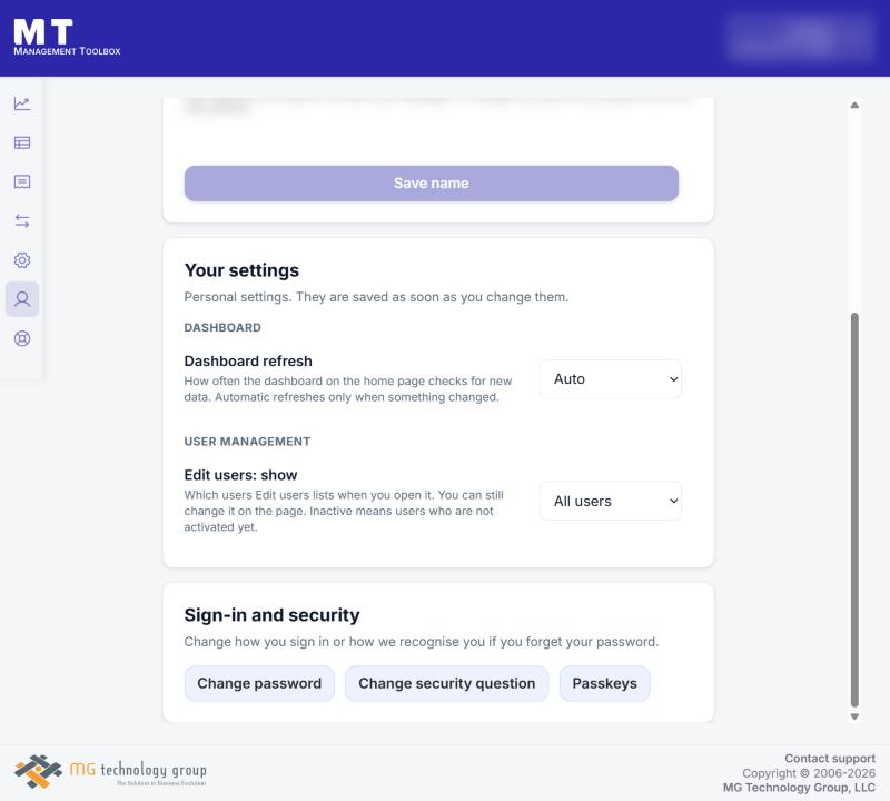 Preferences, Sign-in and security: the Passkeys button