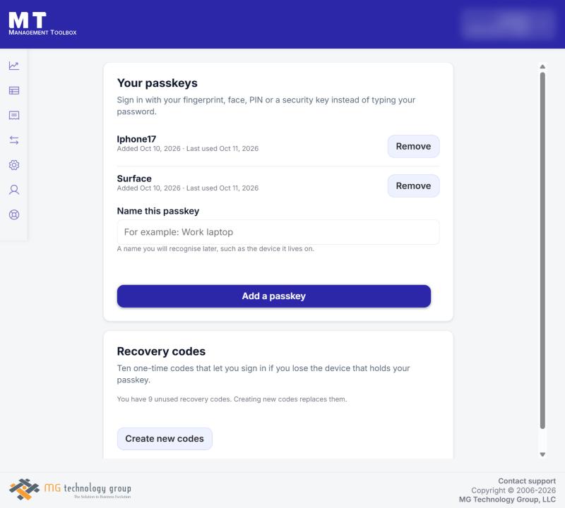 The Your passkeys page: your passkeys, Name this passkey and Add a passkey, and Recovery codes