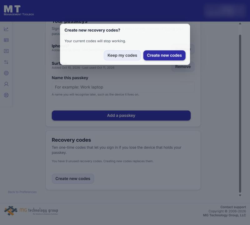 Create new recovery codes? Your current codes will stop working