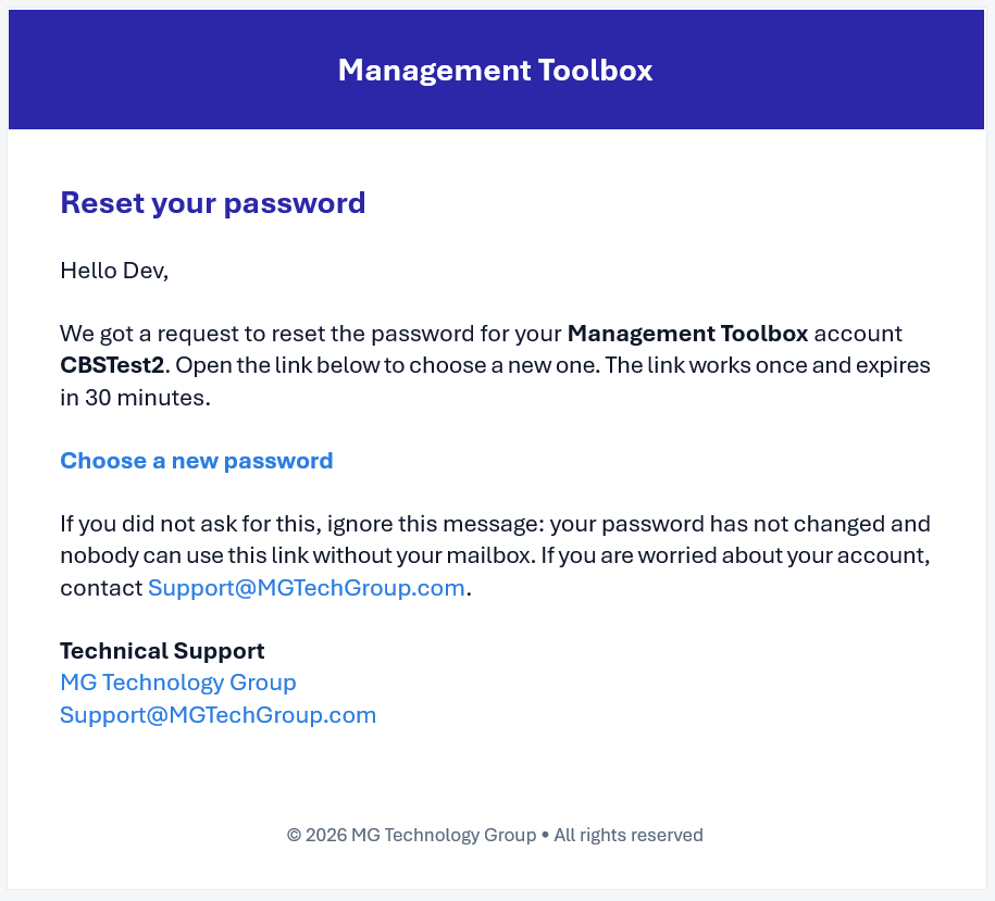 The email with the Choose a new password link (the account name is a test account)