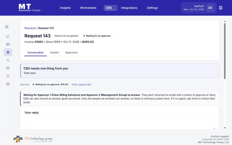 A request page: the chips, the CBS needs one thing from you box and Your reply