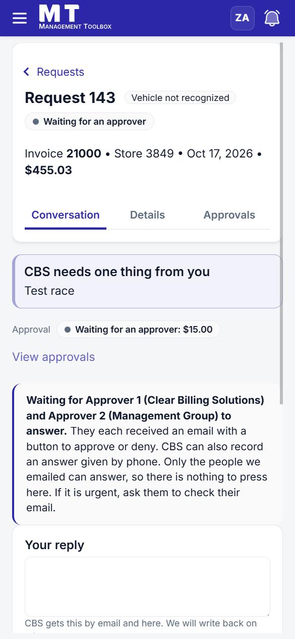 The same request page on a phone