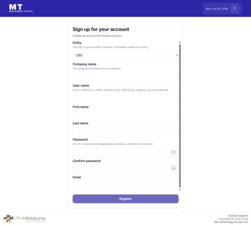 The sign-up page for entity CBS, with Company name and no security question