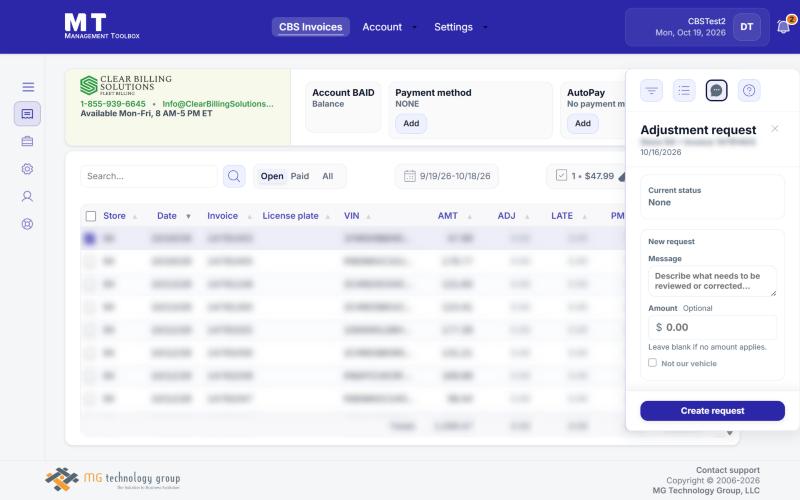 The Adjustment request panel, with Message, Amount, Not our vehicle and Create request