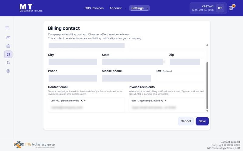 Billing Contact, with Contact email and Invoice recipients