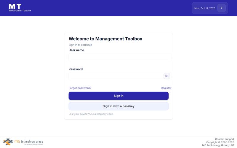 The sign-in page, with Forgot password, Register and Sign in with a passkey